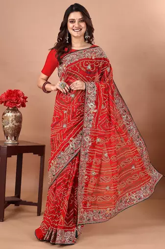 red embroidered bandhani saree