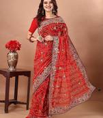 red embroidered bandhani saree