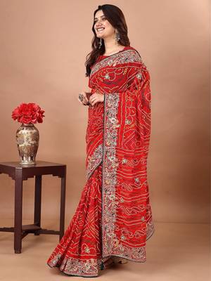red embroidered bandhani saree 2