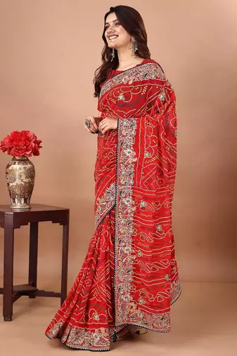 red embroidered bandhani saree
