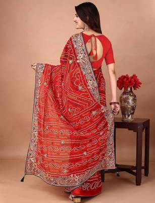 red embroidered bandhani saree 3