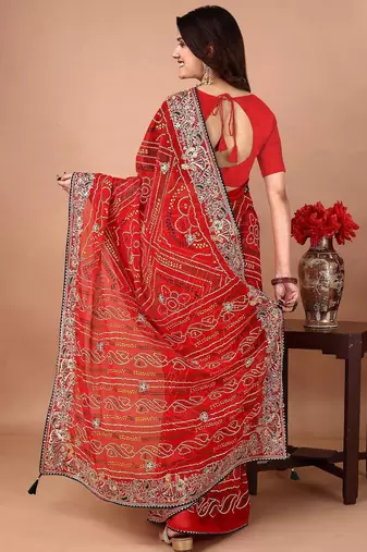 red embroidered bandhani saree
