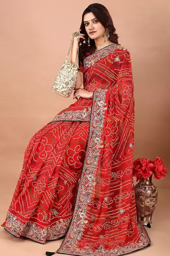 red embroidered bandhani saree
