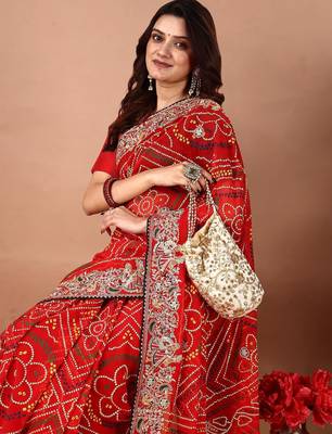 red embroidered bandhani saree 5