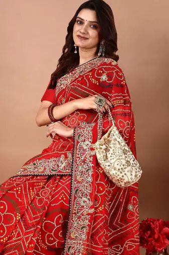 red embroidered bandhani saree
