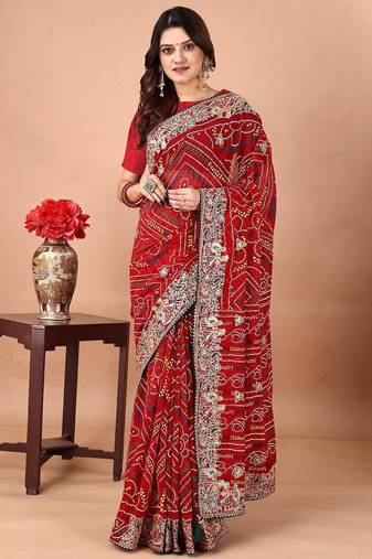 red bandhani embroidered bandhani saree