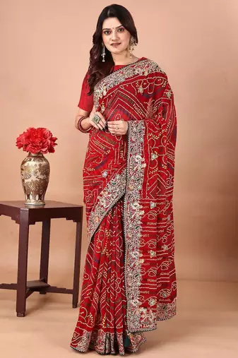 red bandhani embroidered bandhani saree