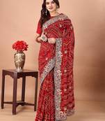 red bandhani embroidered bandhani saree