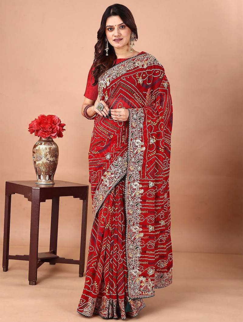 red bandhani embroidered bandhani saree