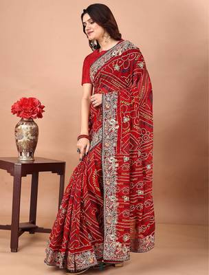 red bandhani embroidered bandhani saree 2