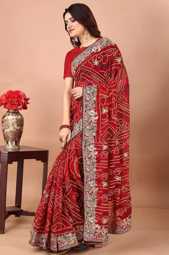 red bandhani embroidered bandhani saree