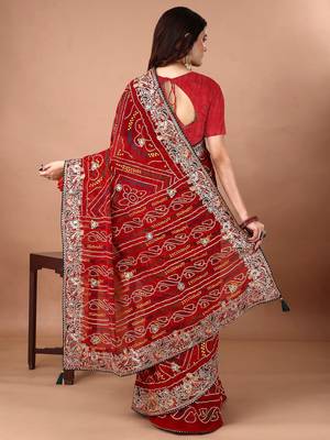 red bandhani embroidered bandhani saree 3