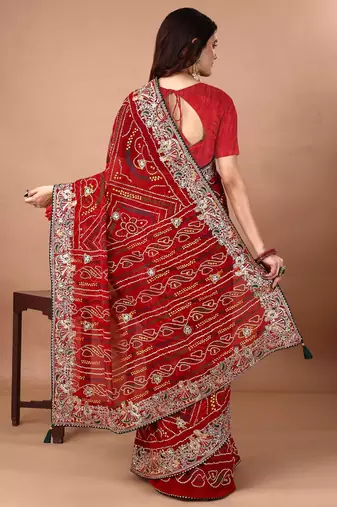 red bandhani embroidered bandhani saree