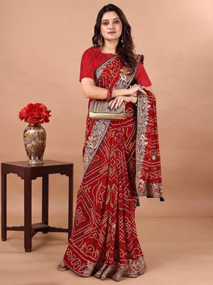 red bandhani embroidered bandhani saree 4