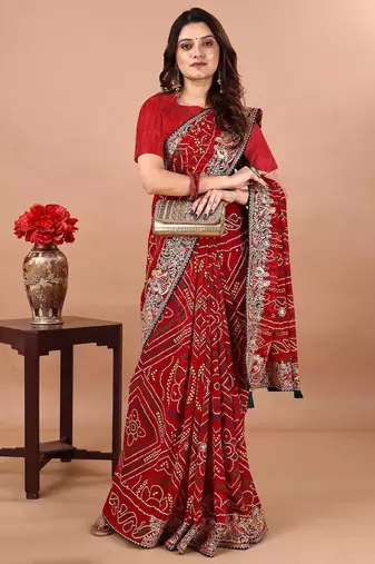 red bandhani embroidered bandhani saree