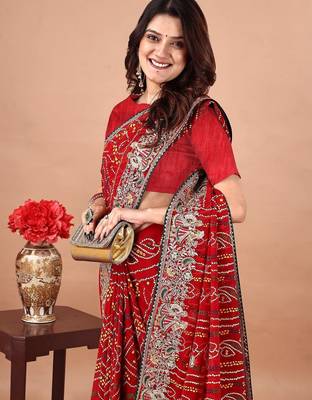 red bandhani embroidered bandhani saree 5