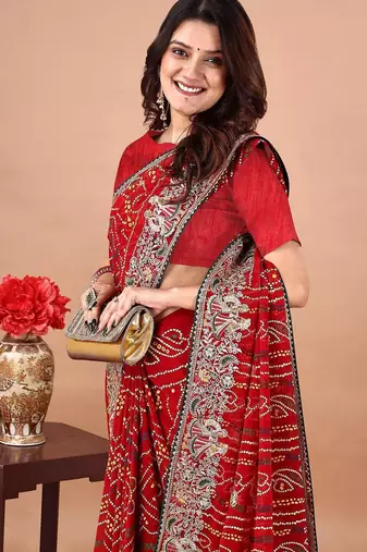 red bandhani embroidered bandhani saree