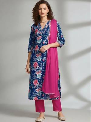 smart women printed kurta with trousers with dupatta 1