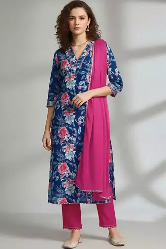 smart women printed kurta with trousers with dupatta