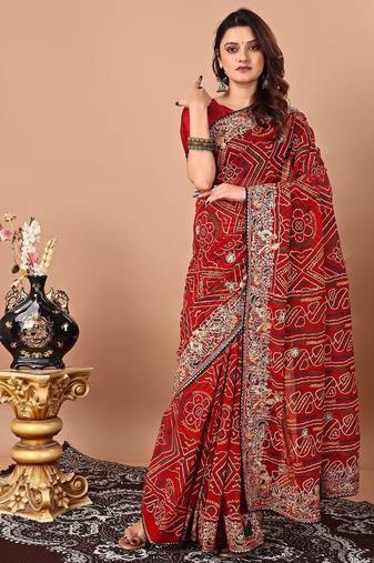red women embroidered bandhani saree