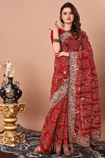 red women embroidered bandhani saree