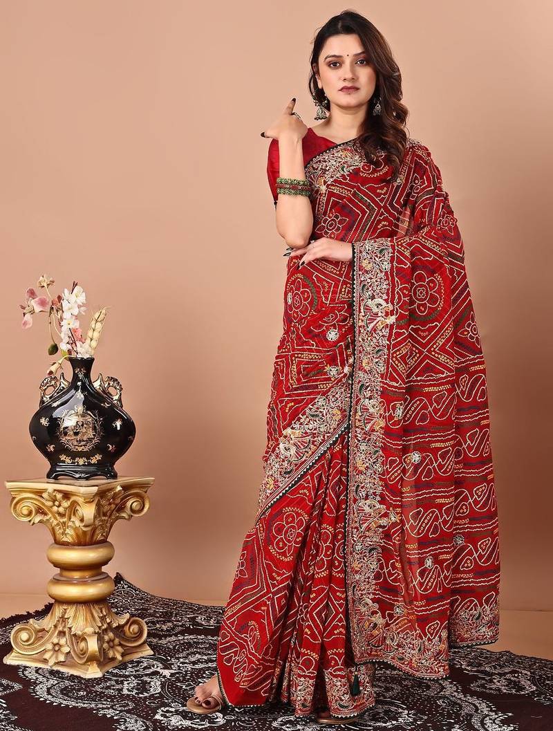 red women embroidered bandhani saree