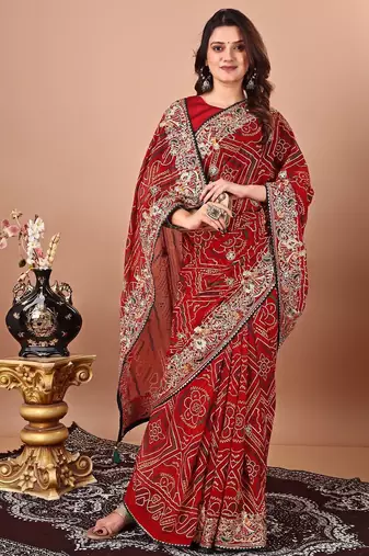 red women embroidered bandhani saree