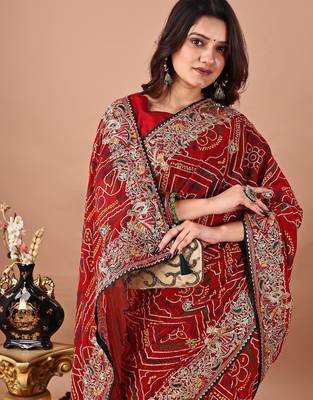 red women embroidered bandhani saree 5