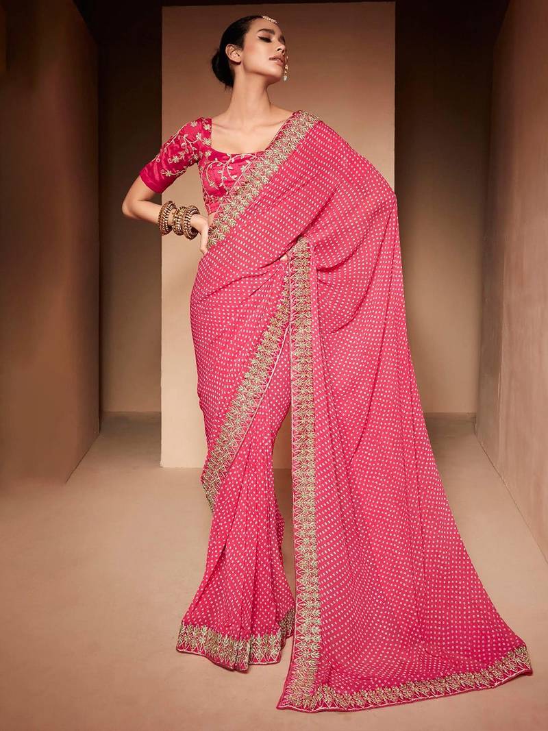 pink embroidered bandhani saree