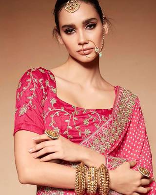 pink embroidered bandhani saree 2