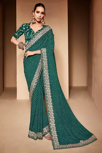 teal embroidered bandhani saree