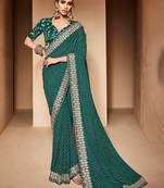 teal embroidered bandhani saree