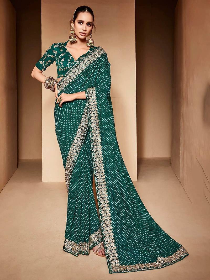 teal embroidered bandhani saree