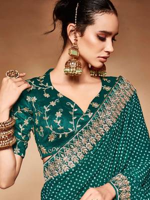 teal embroidered bandhani saree 2