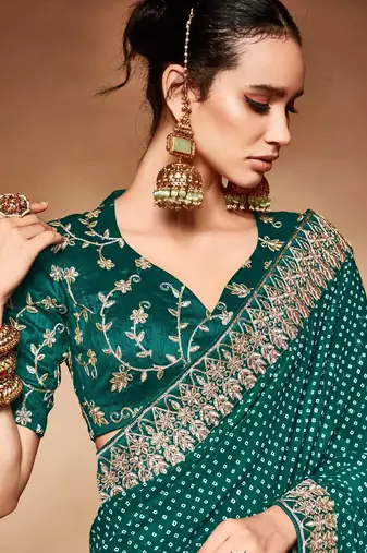 teal embroidered bandhani saree