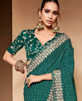 teal embroidered bandhani saree 3