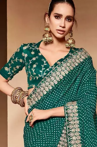 teal embroidered bandhani saree