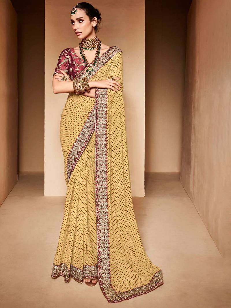 cream embroidered bandhani saree