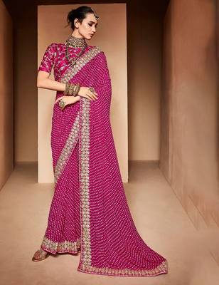 pink embroidered bandhani saree 1