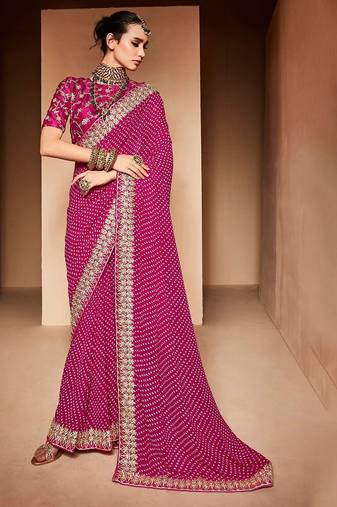 pink embroidered bandhani saree