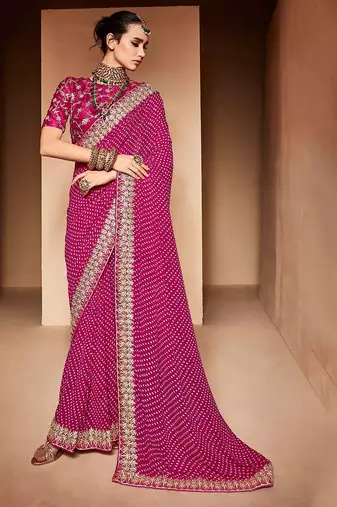 pink embroidered bandhani saree