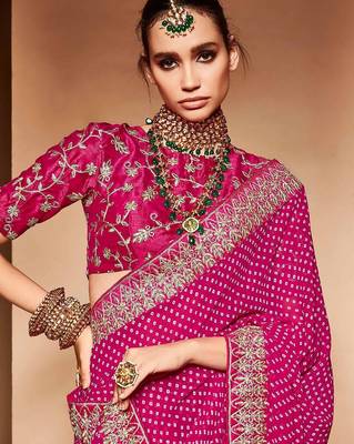 pink embroidered bandhani saree 2