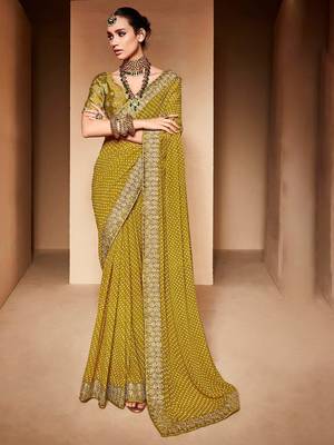 olive embroidered bandhani saree 1