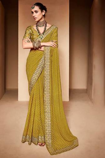 olive embroidered bandhani saree