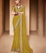 olive embroidered bandhani saree