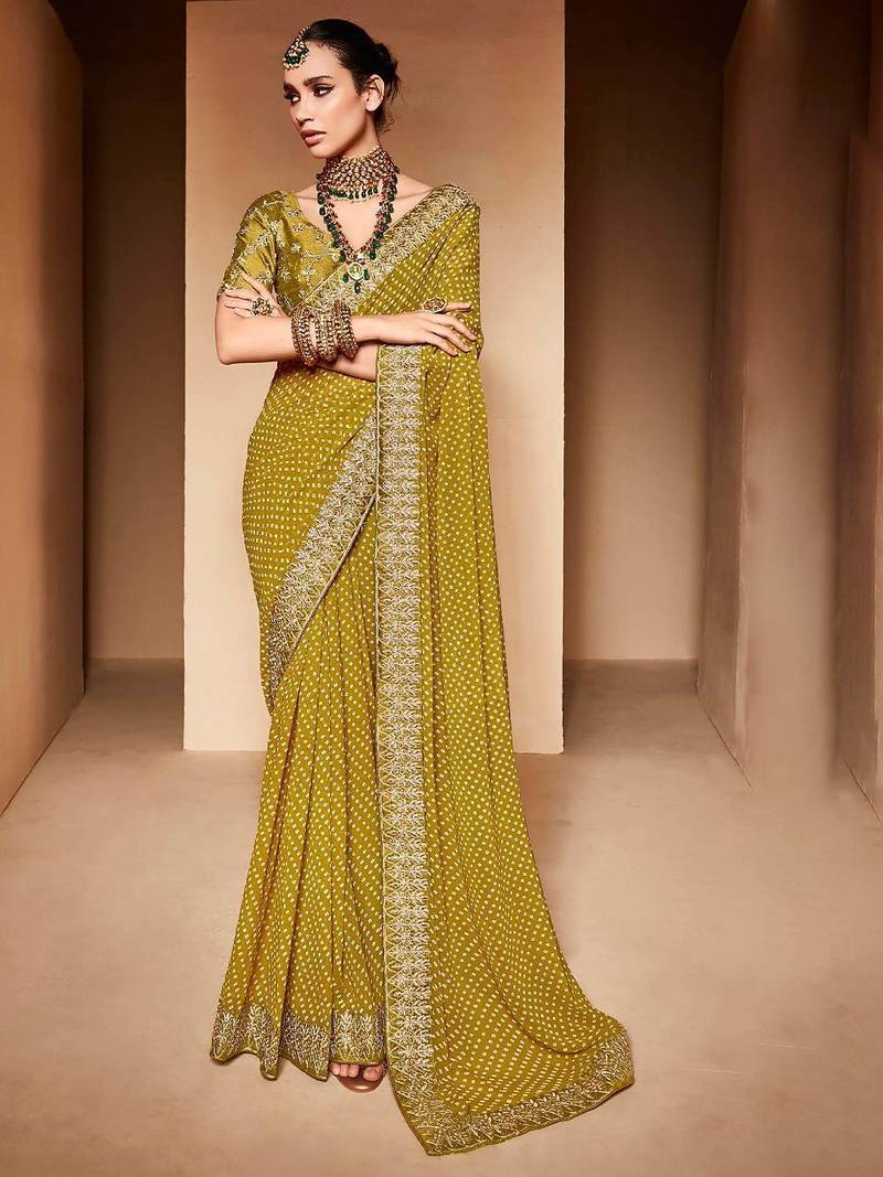 olive embroidered bandhani saree