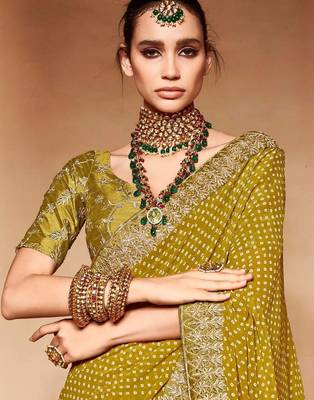 olive embroidered bandhani saree 2