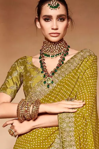 olive embroidered bandhani saree