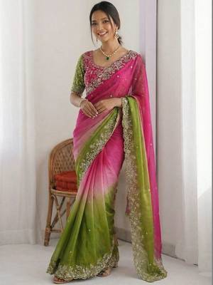 Multicolor embellished embroidered tissue heavy work saree 1