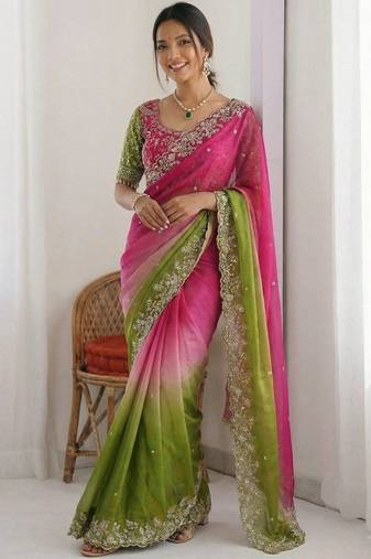 Multicolor embellished embroidered tissue heavy work saree
